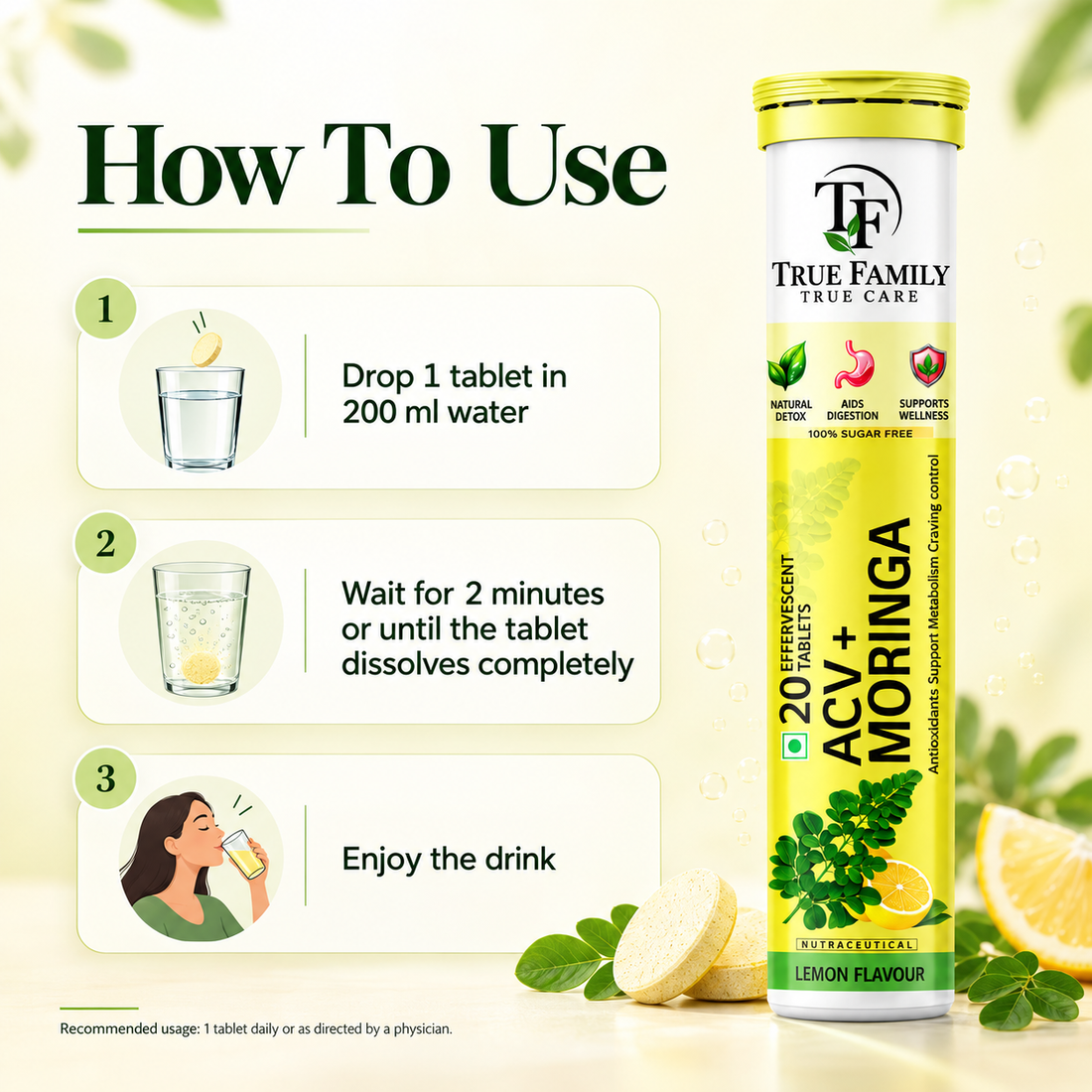 ACV + Moringa Effervescent Tablets – Lemon Flavour | 20 Tablets