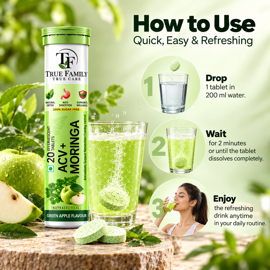 ACV + Moringa Effervescent Tablets – Green Apple Flavour | 20 Tablets