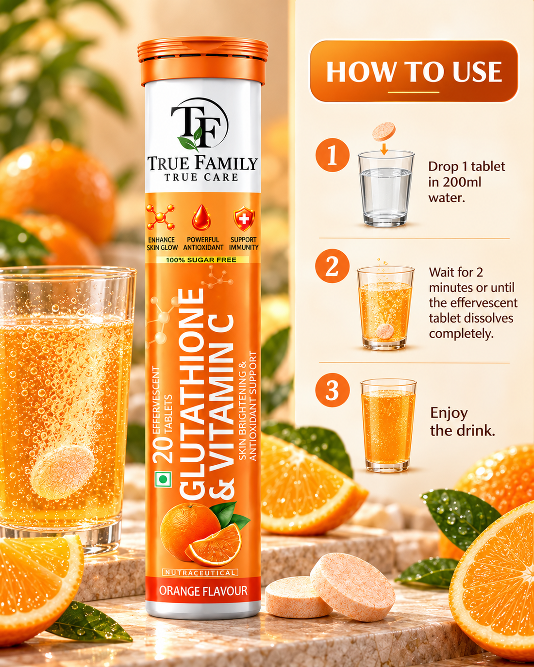 Glutathione & Vitamin C Effervescent Tablets – Orange Flavour | 20 Tablets