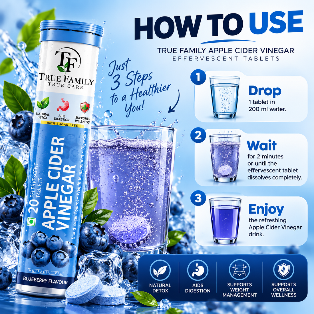 Apple Cider Vinegar Effervescent Tablets – Blueberry Flavour | 20 Tablets