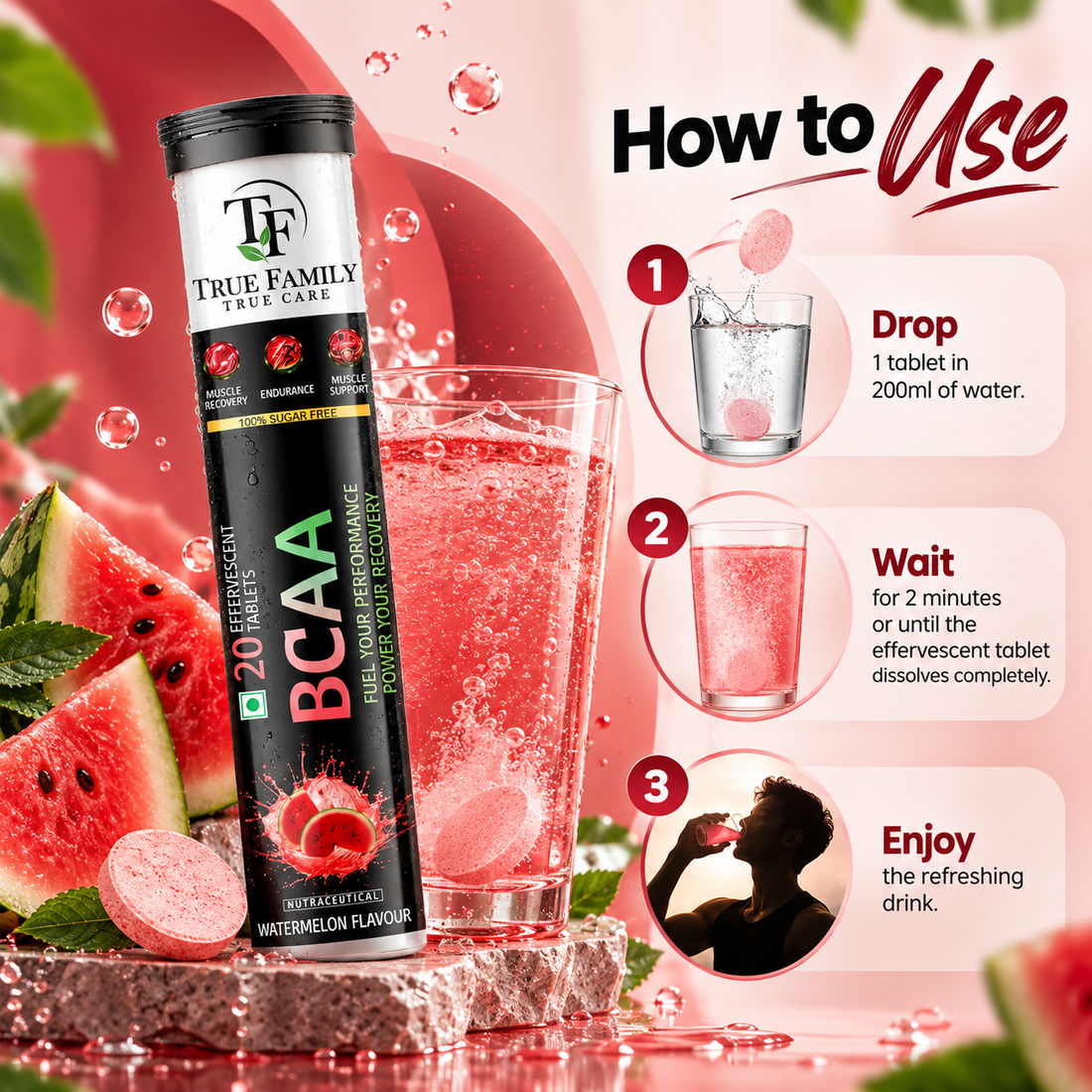 BCAA Effervescent Tablets – Watermelon Flavour | 20 Tablets
