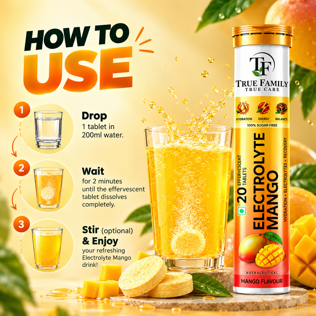 Electrolyte Effervescent Tablets – Mango Flavour | 20 Tablets